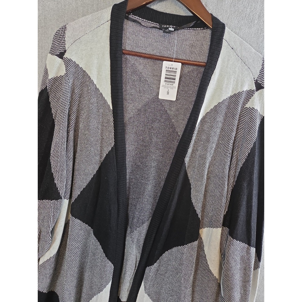 Torrid 5X Open Front Cardigan Sweater Retro Gingham Black Gray Colorblock NEW